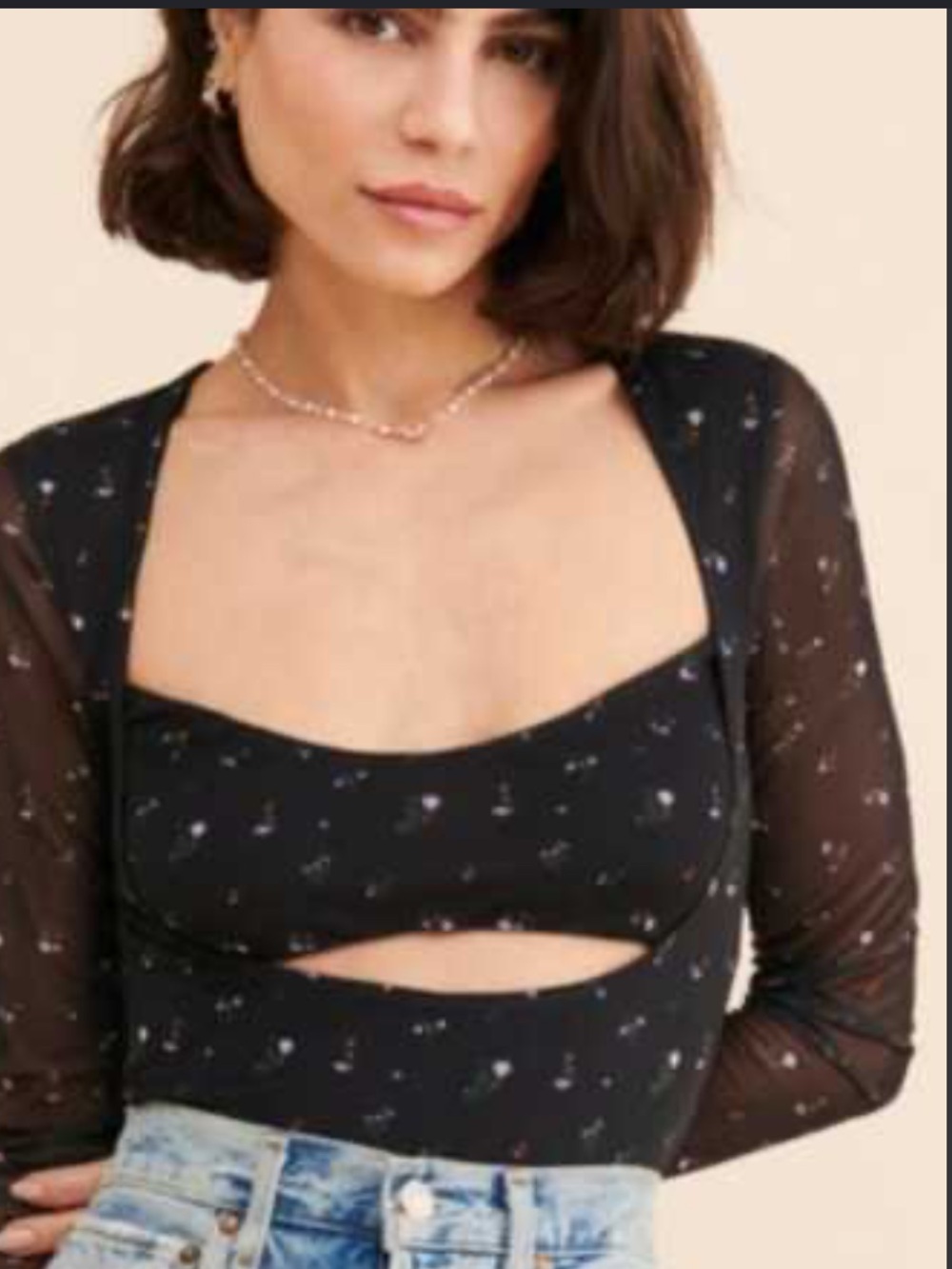 AFRM Black Floral Cutout Mesh Long Sleeve Crop Top XS